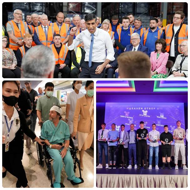 Британският премиер Риши Сунак разговаря с работници от различни професии